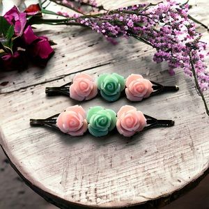Pink & Mint Rose Flower Hair Pins, Women’s Floral Bobby Pin, Cute Boho Aesthetic